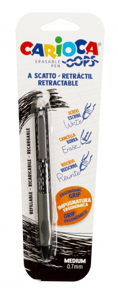 Carioca Oops Blister Boligrafo Retractil Borrable - Termo Sensible - Empuñadura Ergonomica Triangular - Punta de 0.7mm - Recambios Compatibles - Color Negro