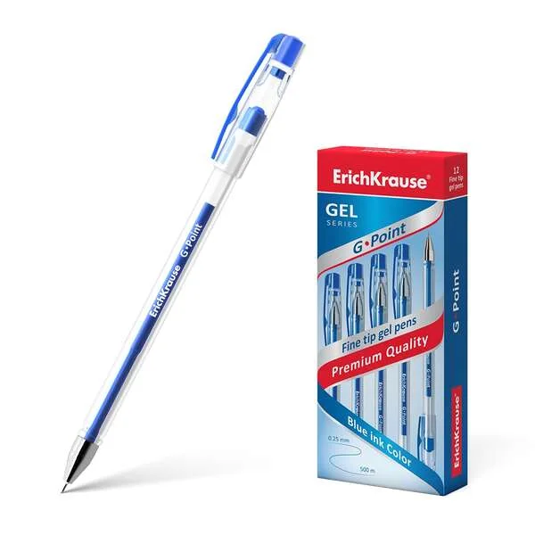 Erichkrause Boligrafo de Gel G-Point - Punta de Aguja de 0,38mm - Tinta de Gel de Secado Rapido - Cuerpo Transparente - Color Azul · Pack de 12 uds.