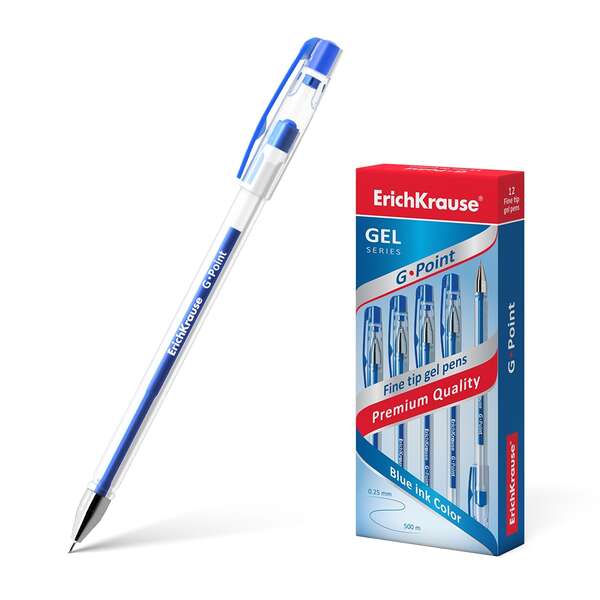 Erichkrause Boligrafo de Gel G-Point - Punta de Aguja de 0,38mm - Tinta de Gel de Secado Rapido - Cuerpo Transparente - Color Azul · Pack de 12 uds.