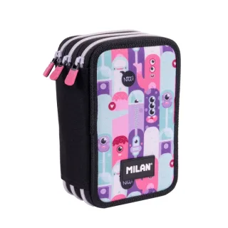 Milan Aliens 2 Plumier de 3 Pisos con Goma de Borrar - Sacapuntas - Lapiz - 3 Boligrafos - Regla - 12 Lapices de Colores - 6 Lapices de Colores Metalizados - 5 Fluorescentes - Tijeras y 18 R