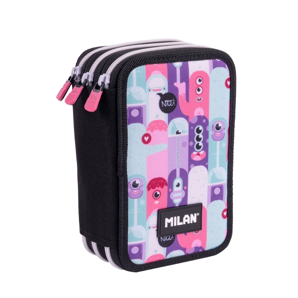 Milan Aliens 2 Plumier de 3 Pisos con Goma de Borrar - Sacapuntas - Lapiz - 3 Boligrafos - Regla - 12 Lapices de Colores - 6 Lapices de Colores Metalizados - 5 Fluorescentes - Tijeras y 18 R