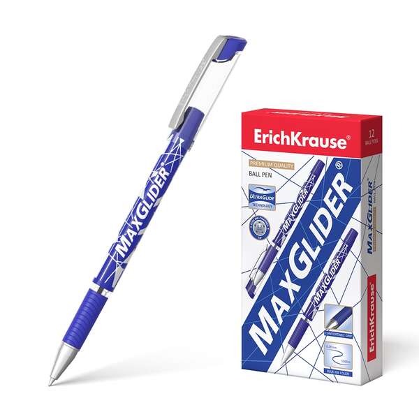 Erichkrause Boligrafo Maxglider - Ultra Glide Technology - Cuerpo Redondo con Grip de Goma - Tinta Azul · Pack de 12 uds.