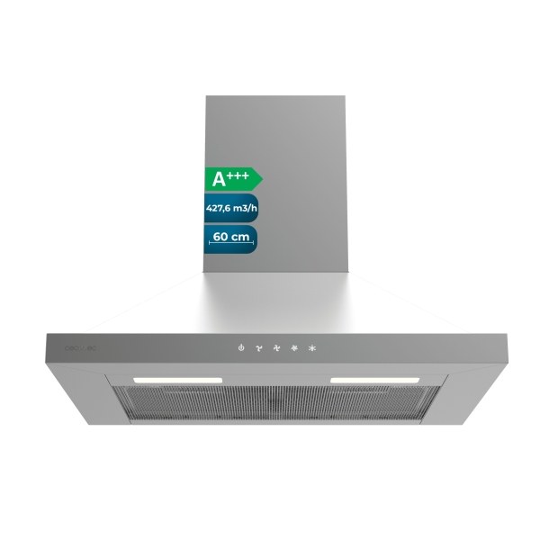 Cecotec Bolero Flux PT 604000 Inox A+++ Campana Extractora de 60cm - Succion 427.6m3/h - Luz LED - Filtros Aptos para Lavavajillas - Varias Velocidades - Filtros de Carbono Incluidos - Color