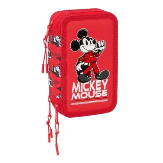 Safta Mickey and Friends Racing Plumier de 3 Pisos - 37 Piezas - Goma - Lapiz - 2 Boligrafos - Sacapuntas - 2 Reglas - 16 Colores - 14 Rotuladores - 12.5x19.5x5.5cm - Color Rojo