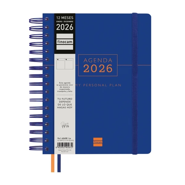 Finocam Tempus Agenda de Espiral - Anual 2026 - Tapa Extradura - Cierre de Goma - Formato 1/4 - 157x217mm - 1 Dia por Pagina - Color Azul