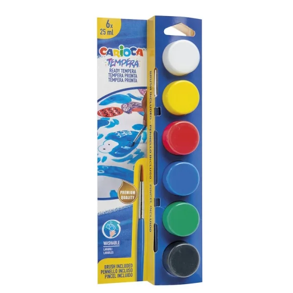 Carioca Pack de 6 Temperas en Botes de 25ml + Pincel - Superlavables - Mezclables - Colores Surtidos