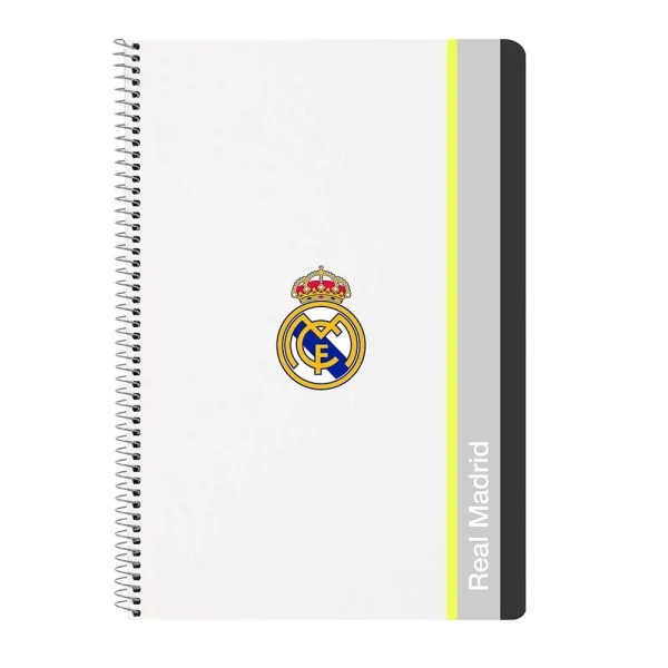 Safta Real Madrid Cuaderno Espiral - Tapas Duras - 80 Hojas A4 con Cuadriculada 4X4mm - Formato Folio - 21.5x31x1cm - Color Blanco y Negro