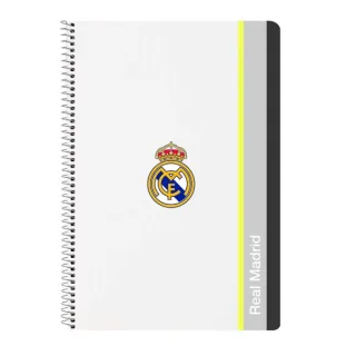 Safta Real Madrid Cuaderno Espiral - Tapas Duras - 80 Hojas A4 con Cuadriculada 4X4mm - Formato Folio - 21.5x31x1cm - Color Blanco y Negro