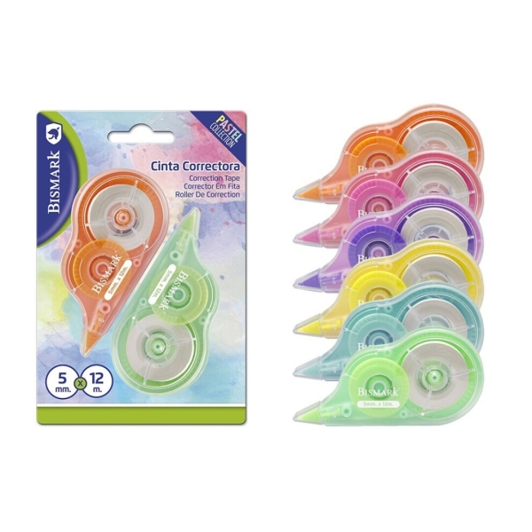 Bismark Pastel Pack de 2 Cintas Correctoras 5mmx12m - Perfecta Adherencia al Papel - Presentacion en Blister - Cuerpo de Colores Pastel Surtidos · Pack de 12 uds.