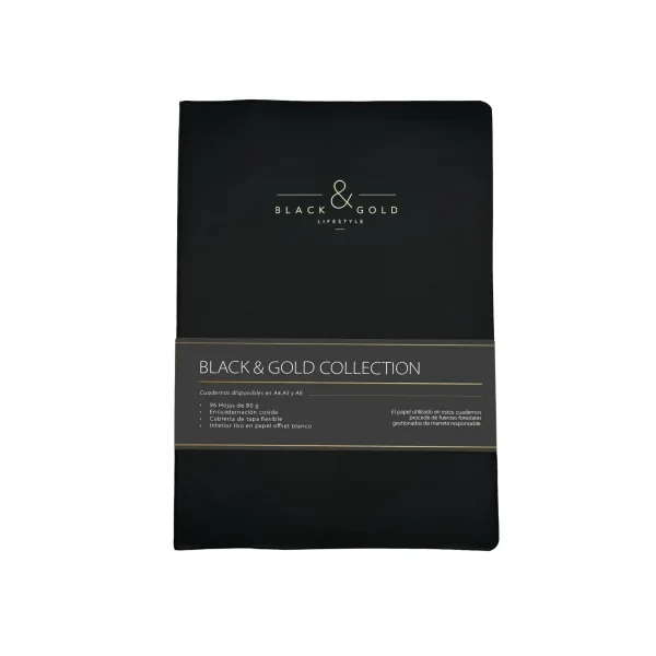 Dohe Black & Gold Cuaderno con Encuadernacion Cosida A4 - 96 Hojas Lisas de 80g - Tapa Flexible Forrada en Polipiel - Color Negro