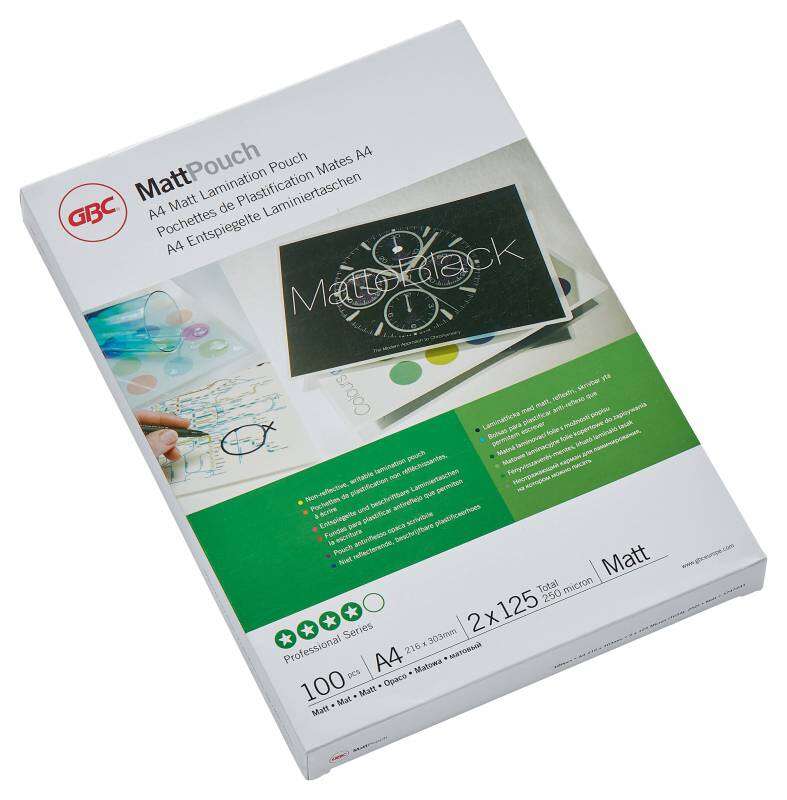 GBC Carteras Plastificacion Mate - A4, 2x125 Micras - Resistente Al Agua - Acabado Mate - Tamaño 216x303mm - Superficie Escribible - Duracion Prolongada - Adaptabilidad Al Papel - Color Transparente