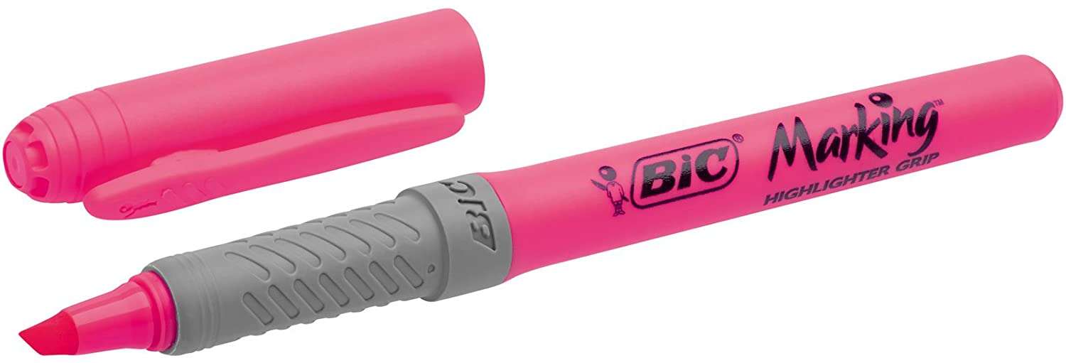 Bic Highlighter Grip Marcador Fluorescente - Tinta con Base de Agua - Punta Biselada - Trazo entre 1.60 y 3.30 mm - Color Rosa · Pack de 12 uds.