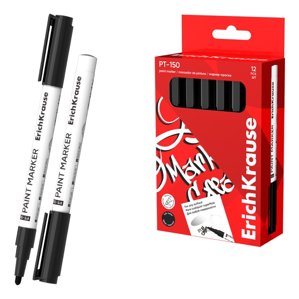 Erichkrause PT-150 Marcador de Pintura - Punta en Forma de Bala - Trazo de 1-2mm - Sistema de Suministro de Tinta de Valvula - Tinta Base de Agua - Cuerpo de Aluminio Resistente - Color Negr
