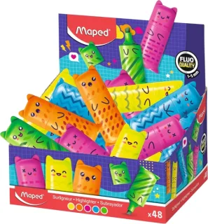 Maped Kawaii Expositor con 48 Mini Marcadores Fluorescentes Neon - Divertidos Diseños Kawaii - Trazo de 1 a 5mm - Ideal para Subrayar y Resaltar - Colores Surtidos