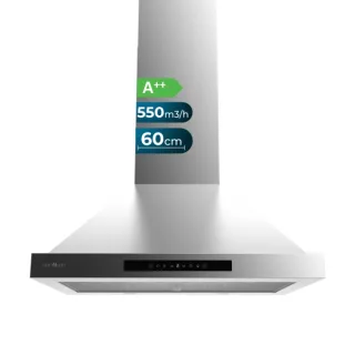 Cecotec Bolero Flux PT 605500 Inox A++ Campana Extractora de 60cm - 70W - Succion 550m3/h - Luz LED - Pantalla LED - Incluye Accesorios - Acero Inoxidable - Filtros de Carbono Incluidos - Co