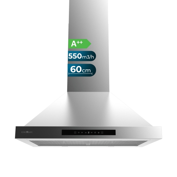 Cecotec Bolero Flux PT 605500 Inox A++ Campana Extractora de 60cm - 70W - Succion 550m3/h - Luz LED - Pantalla LED - Incluye Accesorios - Acero Inoxidable - Filtros de Carbono Incluidos - Co