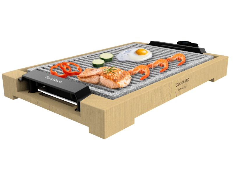 Cecotec Tasty and Grill 2000 Bamboo LineStone Plancha Electrica - 2000W - Antiadherente - Estructura Bambu - Termostato Regulable - Apta para Lavavajillas - Espatula - 37.5x24.5cm - Color Ma