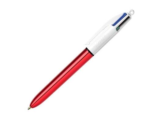 Bic 4 Colours Shine Boligrafo de Bola Retractil - Punta de 1mm - Trazo de 0.4mm - Tinta con Base de Aceite - Cuerpo Rojo Metalizado/Blanco - 4 Colores · Pack de 12 uds.