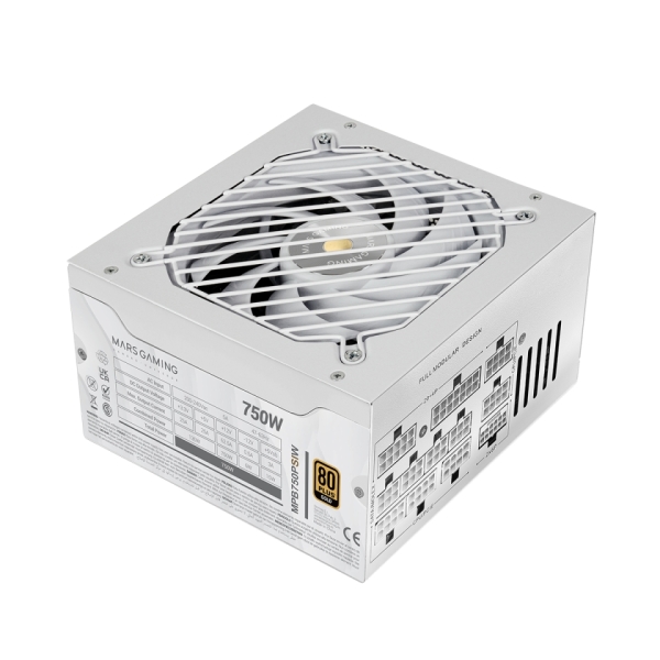 Mars Gaming MPB750PSI Fuente de Alimentacion ATX - 750W - 80 Plus Gold - Ventilador 140mm - Silencioso 12dB - Cableado Modular - Cables Planos Texturizados - 150x160x85mm - Color Blanco
