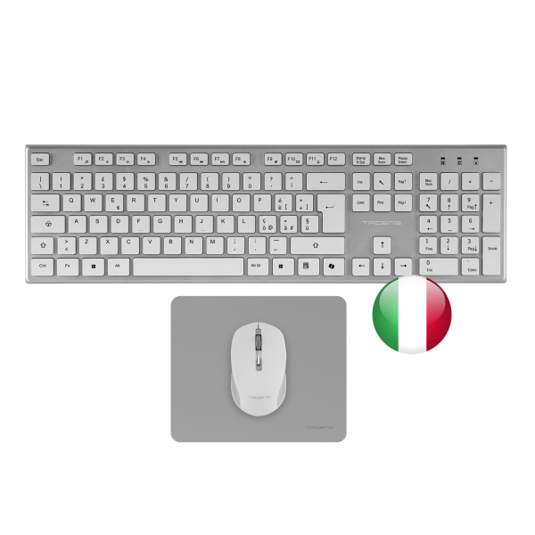 Tacens Zenith Combo Pack Inalabrico de Teclado Completo + Raton y Alfombrilla - Disposicion Italiana QWERTY IT - Teclas Silenciosas de Perfil Bajo - Sensor de 3200dpi - Conexion Dual Link 2.