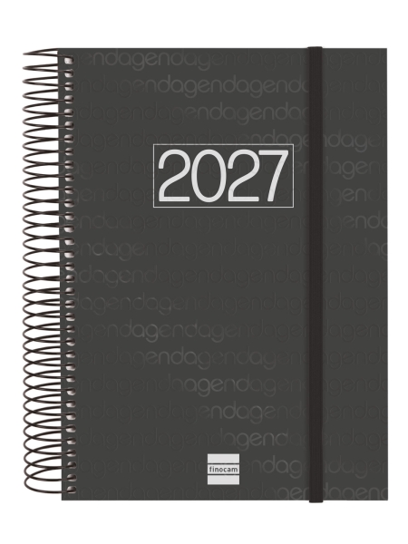 Finocam Espiral Basics Year Agenda en Catalan - Anual 2027 - 1 Dia por Pagina - Formato E10 - 155x212mm - Goma Elastica - Tapa de Polipropileno - Esquinas Microperforadas - Papel de 70g/m2 - Color Negro
