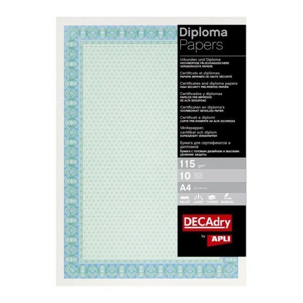 Apli Pack de 25 Hojas de Papel Certificado - Diseño Helico en el Marco - 115gr - Compatible con Impresoras y Escritura Manual - Color Azul Turquesa