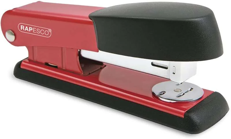 Rapesco Bowfin Grapadora Metalica de Sobremesa - Hasta 25 Hojas - Grapas 26/6, 24/6 - Grapado Cerrado y Abierto - Color Rojo/Negro