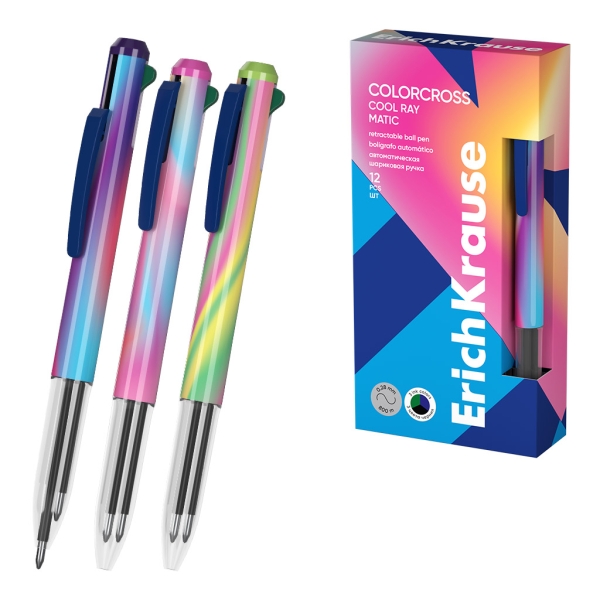 ErichKrause Colorcross Matic Cool Ray Boligrafo 3 en 1 - Punta de 0.7mm - Tinta Azul - Tinta Negra - Tinta Verde - Trazo 0.28mm - Colores Surtidos · Pack de 12 uds.