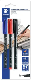 Staedtler Lumocolor Permanent Pen 317 Pack de 3 Rotuladores Permanentes - Trazo de 1mm Aprox - Secado Rapido - Colores Surtidos