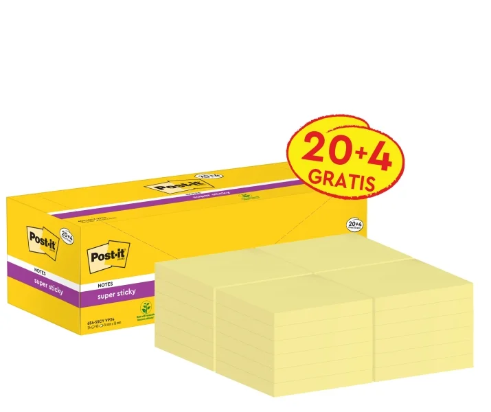Post-It Super Sticky Pack de 24 Blocs de 90 Notas Adhesivas Reposicionables - 76x76mm - Promocion 20 Blocs + 4 Gratis - Paquete de Carton - Color Amarillo Claro