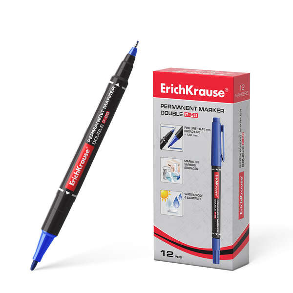 Erichkrause Double P-80 Marcador Permanente Doble Punta - Punta Bala de 1,65mm, Punta Fina de 0,45mm - Tinta a Base de Alcohol Resistente al Agua y a los Rayos UV - Color Azul · Pack de 12 u