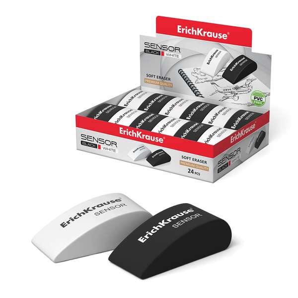Erichkrause Sensor Goma de Borrar - Caucho Termoplastico Hipoalergenico - Sin PVC - Borrador Suave de Forma Original - Color Blanco y Negro · Pack de 24 uds.