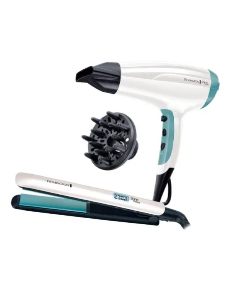 Remington Shine Therapy Pack Secador y Plancha de Pelo - 2300W - Secador con Rejilla Ceramica-Ionica - Plancha de Placas Ceramicas con Recubrimiento de Aceite de Argan