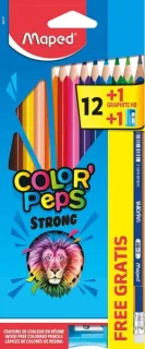 Maped Color´Peps Strong Pack de 12 Lapices Triangulares de Colores + 1 Lapiz de Grafito con Goma + Sacapuntas - Sin Madera - Mina 3,2mm - Punta Ultra Resistente - Colores Surtidos