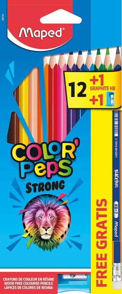 Maped Color´Peps Strong Pack de 12 Lapices Triangulares de Colores + 1 Lapiz de Grafito con Goma + Sacapuntas - Sin Madera - Mina 3,2mm - Punta Ultra Resistente - Colores Surtidos