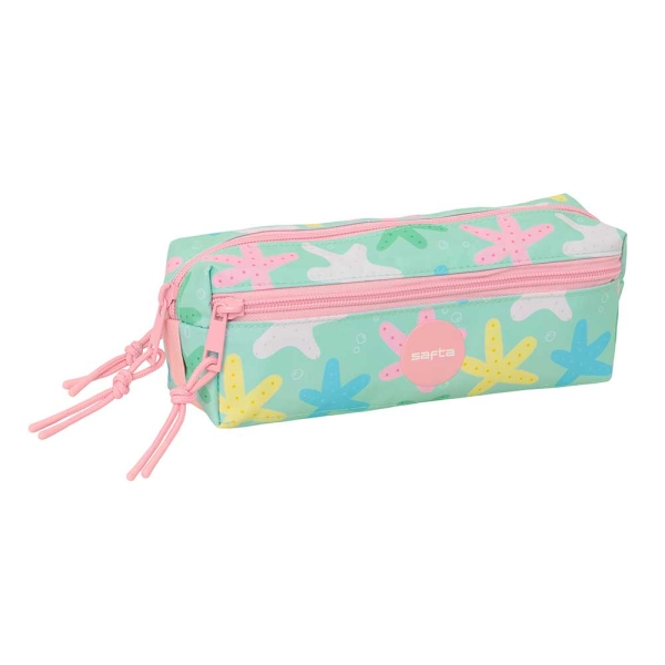 Safta Estrellas Portatodo - 3 Compartimentos con Cremallera - Goma Elastica - Compacto - 22x8.5x6cm - Color Verde