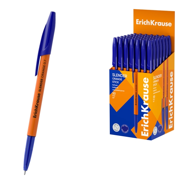 ErichKrause Slender Stick Orange Boligrafo con Capuchon - Punta de Aguja 0.7mm - Cuerpo Opaco Naranja - Trazo 0.26mm - Tinta de Baja Viscosidad - Tapa Ventilada - Color Azul · Pack de 50 uds.