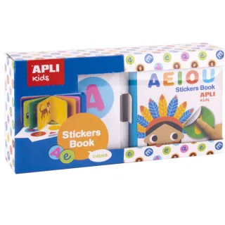Apli Libro de Pegatinas Educativo Vocales - Tamaño 100x100x40 - 10 Paginas de Carton Rigido de 3mm - 5 Hojas de Gomets Removibles - Diseño Infantil con Ilustraciones Coloridas y Divertidas -