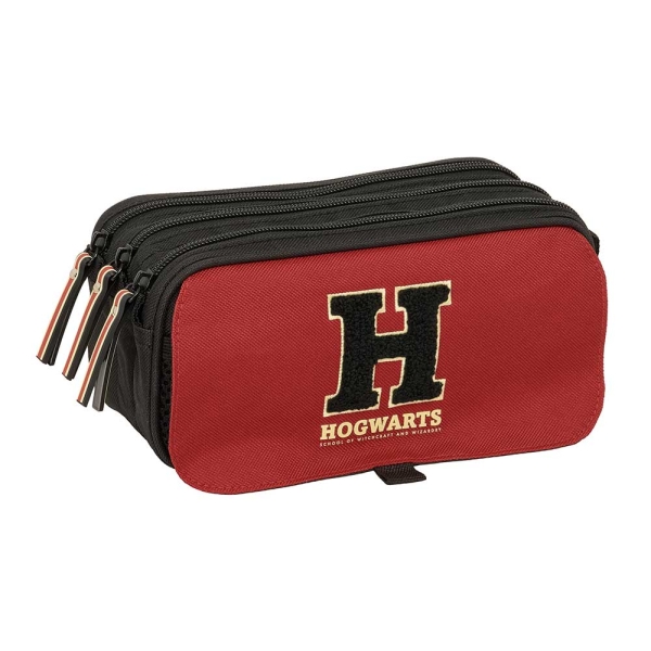 Safta Harry Potter Hogwarts Portatodo - 3 Compartimentos con Cremallera - Cinta Trasera Adaptable - Bolsillo Frontal de Rejilla con Velcro - 21.5x10x8cm - Color Negro y Rojo
