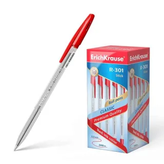 Erichkrause R-301 Boligrafo de Bola Punta 1.0mm - Trazo 0.5mm - Tinta de Secado Rapido - Cuerpo Transparente - Capuchon Ventilado - Color Rojo · Pack de 50 uds.