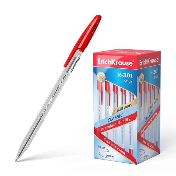 Erichkrause R-301 Boligrafo de Bola Punta 1.0mm - Trazo 0.5mm - Tinta de Secado Rapido - Cuerpo Transparente - Capuchon Ventilado - Color Rojo · Pack de 50 uds.