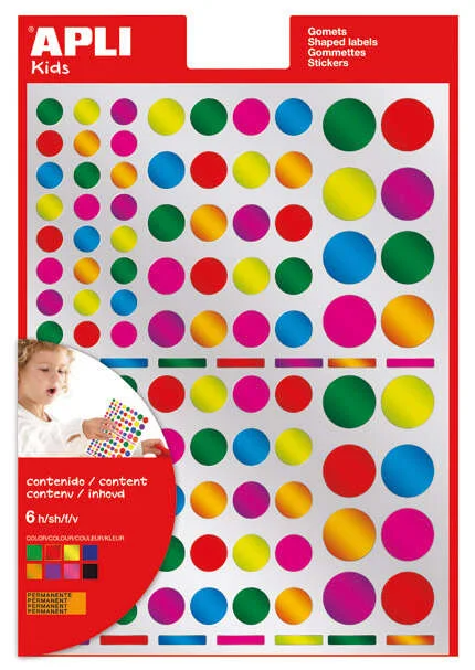 Apli Pack de 624 Gomets Redondos - Adhesivo Removible - Acabado Metalizado - Ideales para Escuelas Infantiles - Desarrollo de Habilidades y Creatividad - Colores y Tamaños Surtidos