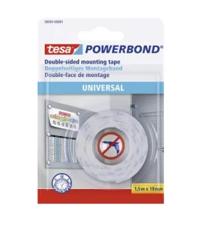 Tesa Powerbond Cinta Adhesiva Doble Cara 19mm x 1.5 Metros - Para Fijacion Segura y Rapida de Objetos Planos y Ligeros - Color Blanco