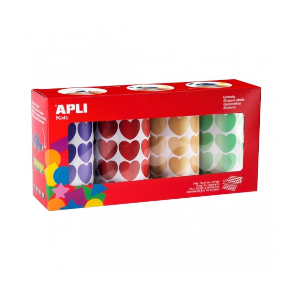 Apli Pack de 4 Rollos de Gomets Corazon 20mm - 1410 Gomets por Rollo - Adhesivo Permanente - 5640 Gomets en Total - Ideales para Escuelas Infantiles - Colores Metalizados Azul, Rojo, Amarill
