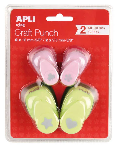 Apli Pack de 4 Perforadoras de Papel con Formas Variadas - Estrella (16mm), Corazon (16mm), Trebol (9.5mm) y Flor (9.5mm) - Alta Calidad para Papel, Carton y Cartulina - Deposito de Papel - Doble Uso para Decoracion