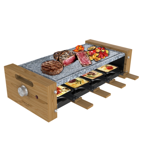 Cecotec Cheese and Grill 8600 Wood AllStone Raclette - Potencia de 1200W - 8 Sartenes Antiadherentes - Placa Piedra Natural - Termostato Regulable - Extraible - Facil Limpieza - Color Madera