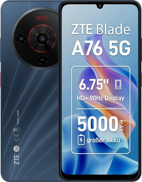 ZTE Blade A76 5G Smartphone Pantalla 6,75" - 6+6 GB RAM - 128 GB - 90 Hz - Camara 50 MP - Bateria 5000 mAh - Color Negro