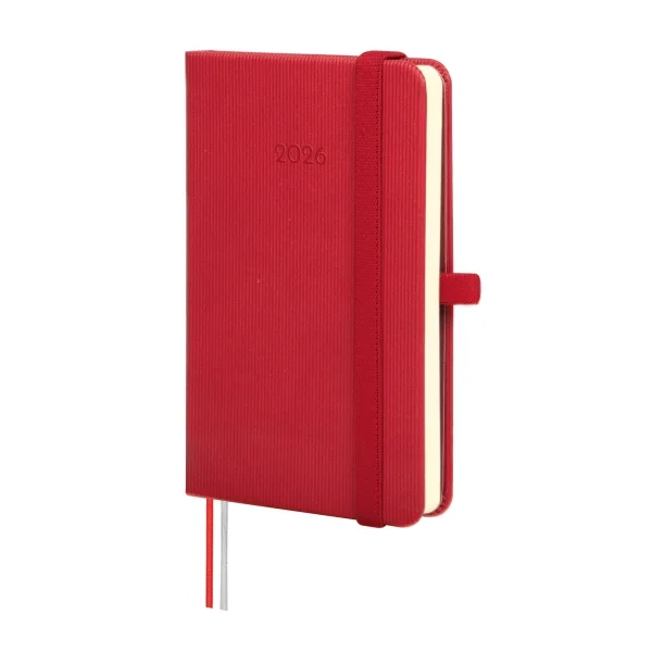 Finocam Minimal Textura Agenda - Anual 2026 - Tapa Dura - Cierre con Goma Elastica - Formato M2 - 86x17x132mm - Semana Vista Horizontal - Color Rojo