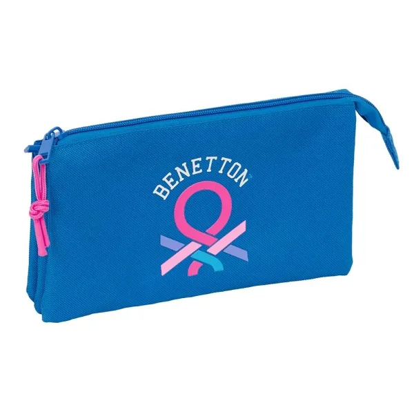 Safta Benetton Basics Azulina Portatodo - 3 Compartimentos con Cremalleras - Bolsillo Interior - 0.6L - 220x30x120mm - Color Azul