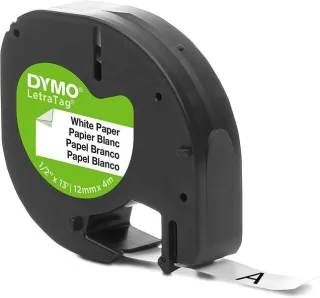 Dymo LetraTag S0721510 Cinta de Etiquetas Original para Rotuladora - Texto negro sobre fondo blanco - Ancho 12mm x 4 metros (91200)